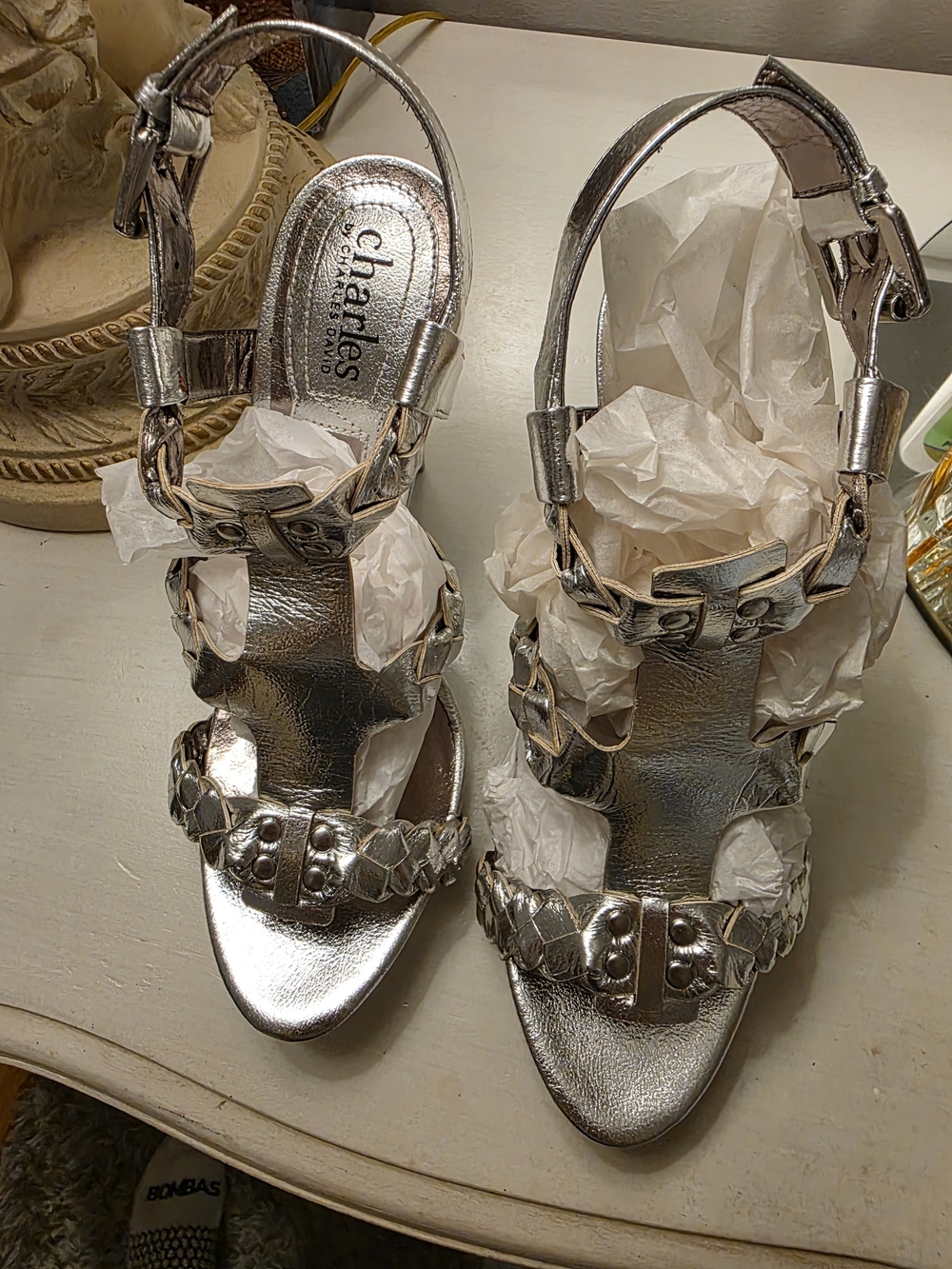 Charles David Silver Metallic Braided Strap Sandals